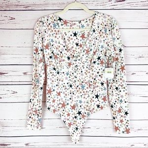 Free People White Star Print Long Sleeve Bodysuit